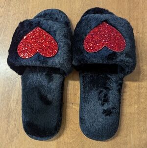 NWOT Black Fuzzy Slippers with Red Heart